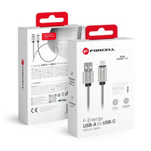 Заредете изображение във визуализатора на галерията – FORCELL F-ENERGY Metal C234 кабел USB A към Type C QC3.0 2,4A 12W 1 м сребрист