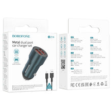 Заредете изображение във визуализатора на галерията – Borofone Car charger BZ19 Wisdom - 2xUSB - 12W with USB to Micro USB cable blue

