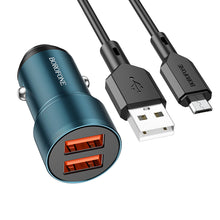 Заредете изображение във визуализатора на галерията – Borofone Car charger BZ19 Wisdom - 2xUSB - 12W with USB to Micro USB cable blue
