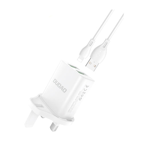 Dudao wall charger UK plug (United Kingdom) 2xUSB-A 2.4A white + USB-A cable - Lightning white