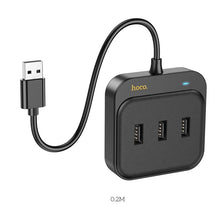 Заредете изображение във визуализатора на галерията – HOCO adapter HUB 4in1 USB to USB2.0*3+RJ45 100 Mbps Ethernet 0,2m HB35 black
