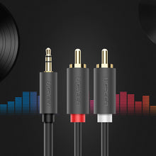 Заредете изображение във визуализатора на галерията – Ugreen AV102 10510 cable 3.5 mm mini jack (male) / 2RCA (male) 2m - gray

