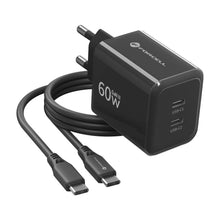 Заредете изображение във визуализатора на галерията – Phone charger Forcell F-Energy GaN III Crystal Color 2x USB C AVS SSFC3.0 60W + silicone cable USB C to USB C VT-60 black
