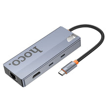 Заредете изображение във визуализатора на галерията – Adapter HUB 8w1 (HDTV+RJ45+SD/TF+PD+Type-C 3.0+USB 3.0 x 2) USB-C Hoco HB52 grey
