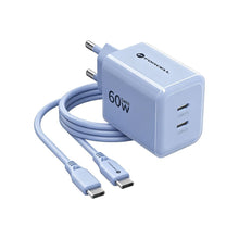 Заредете изображение във визуализатора на галерията – Phone charger Forcell F-Energy GaN III Crystal Color 2x USB C AVS SSFC3.0 60W + silicone cable USB C to USB C VT-60 blue
