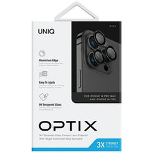Заредете изображение във визуализатора на галерията – Uniq Optix Glass Aluminum Camera Lens Protector for iPhone 14 Pro / 14 Pro Max camera lens with applicator - black
