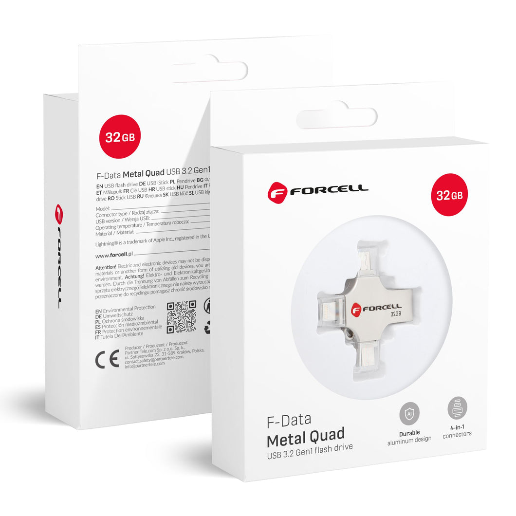 FORCELL F-DATA pendrive Metal Quad 32GB USB3.2 Gen 1 (USB A / Type C / Lightning / Micro USB) silver