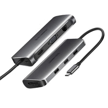 Заредете изображение във визуализатора на галерията – Ugreen CM179 9in1 USB-C - 3x USB-A 3.0 / HDMI / VGA / RJ45 / TF / SD card reader / USB-C adapter - gray

