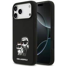 Заредете изображение във визуализатора на галерията – KARL LAGERFELD case for IPHONE 17 Pro Max compatible with MagSafe KLHMP17XSKCGRGOK (Silicone W/ K&amp;C Sketch &amp; Logo) black
