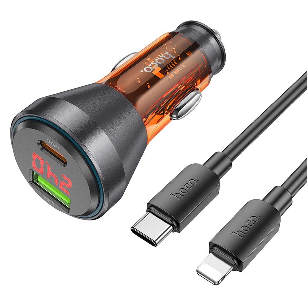 HOCO зарядно за кола USB A + Type C с цифров дисплей + кабел Type C към Lightning PD QC3.0 3A 48W NZ12B прозрачно оранжево