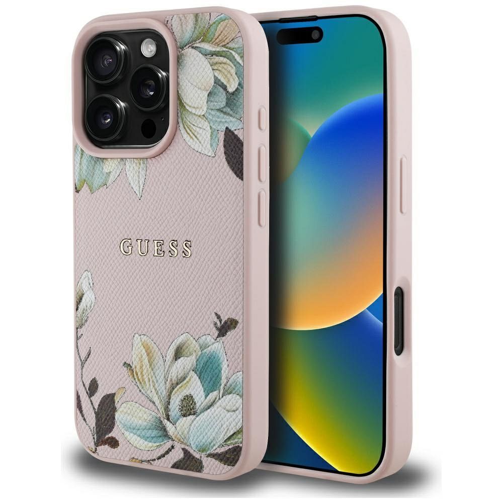 GUESS case for IPHONE 16 Pro compatible with MagSafe GUHMP16LPGNMPLMP (PU Grained Flowers Classic Logo) pink