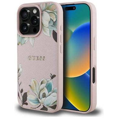 GUESS case for IPHONE 16 Pro Max compatible with MagSafe GUHMP16XPGNMPLMP (PU Grained Flowers Classic Logo) pink
