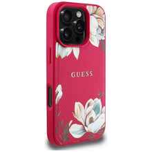 Заредете изображение във визуализатора на галерията – GUESS case for IPHONE 16 Pro compatible with MagSafe GUHMP16LPGNMPLMF (PU Grained Flowers Classic Logo) fuschia
