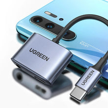 Заредете изображение във визуализатора на галерията – Ugreen audio adapter USB Type C (male) - USB Type C PD QC (female) + 3.5mm mini jack (female) gray (CM231)
