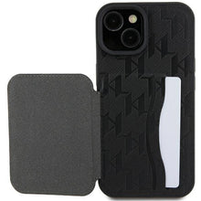 Заредете изображение във визуализатора на галерията – Karl Lagerfeld Saffiano Cardslots and Stand Monogram Ikonik Patch case for iPhone 15 - black
