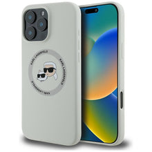 Заредете изображение във визуализатора на галерията – KARL LAGERFELD case for IPHONE 16 Pro compatible with MagSafe KLHMP16LSKCHTCE (Silicone KC Heads) beige
