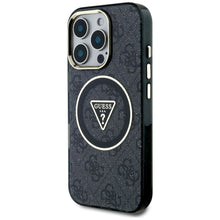 Заредете изображение във визуализатора на галерията – GUESS case for IPHONE 16 Pro compatible with MagSafe GUHMP16LHG4PRTGK (IML Metal Glitter 4G Circle Triangle) black

