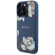 Заредете изображение във визуализатора на галерията – GUESS case for IPHONE 16 Pro Max compatible with MagSafe GUHMP16XPGNMPLMB (PU Grained Flowers Classic Logo) blue
