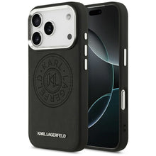 Заредете изображение във визуализатора на галерията – KARL LAGERFELD case for IPHONE 17 Pro compatible with MagSafe KLHMP17LPSKRPMK (PU W/ Point &amp; Metal Logo) black

