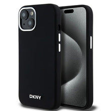 Заредете изображение във визуализатора на галерията – DKNY case for IPHONE 15 compatible with MagSafe DKHMP15SSMCHLK (DKNY HC MagSafe Silicone W/Horizontal Metal Logo) black

