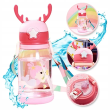 Заредете изображение във визуализатора на галерията – Water bottle with straw and leash for kids 500 - 600 ml pink
