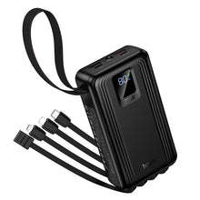 Заредете изображение във визуализатора на галерията – Powerbank 20000 mAh QC PD 22,5W with built-in cables USB A + USB C+ Lightning + Micro USB and two lights Hoco J173 black
