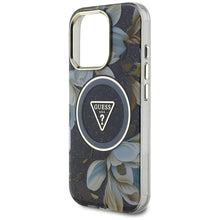 Заредете изображение във визуализатора на галерията – GUESS case for IPHONE 16 Pro Max compatible with MagSafe GUHMP16XHFLPEDK (IML Metal Glitter Flowers Triangle) black
