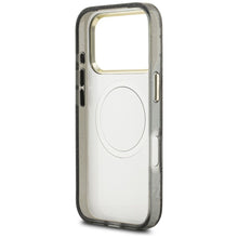 Заредете изображение във визуализатора на галерията – GUESS case for IPHONE 17 Pro compatible with MagSafe GUHMP17LHFLPEDK (IML Metal Glitter Flowers Triangle) black

