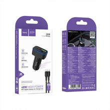 Заредете изображение във визуализатора на галерията – Car charger Hoco USB A + USB C PD QC3.0 48W + cable USB C to C Z63B black

