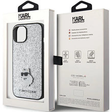 Заредете изображение във визуализатора на галерията – Karl Lagerfeld Fixed Glitter Choupette Logo Metal Pin case for iPhone 15 - silver
