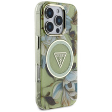 Заредете изображение във визуализатора на галерията – GUESS case for IPHONE 16 Pro Max compatible with MagSafe GUHMP16XHFLPEDN (IML Metal Glitter Flowers Triangle) green
