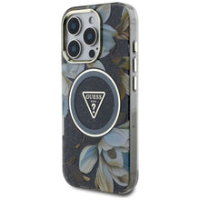 Заредете изображение във визуализатора на галерията – GUESS case for IPHONE 16 Pro Max compatible with MagSafe GUHMP16XHFLPEDK (IML Metal Glitter Flowers Triangle) black
