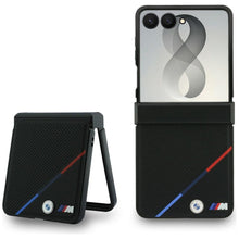 Заредете изображение във визуализатора на галерията – BMW case for SAMSUNG GALAXY Z FLIP 8 compatibile with MagSafe (Leather Perforated Tricolor Stripe Metal Logos) black
