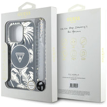 Заредете изображение във визуализатора на галерията – GUESS case for IPHONE 16 Pro compatible with MagSafe GUHMP16LHPCTPLSK (IML Palm Trees Triangle W/ Pearl Strap) black
