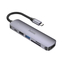 Заредете изображение във визуализатора на галерията – Adapter HUB 6in1 (HDTV+USB 3.0+USB 2.0+SD+TF+PD) USB-C Hoco HB28 black
