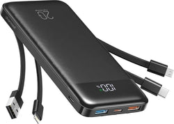 Външна батерия Charmast W1148 5V 3A 10000 mAh с вградени кабели USB A / USB C / Lightning / Micro USB - черна