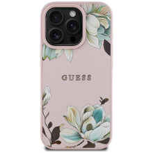 Заредете изображение във визуализатора на галерията – GUESS case for IPHONE 16 Pro Max compatible with MagSafe GUHMP16XPGNMPLMP (PU Grained Flowers Classic Logo) pink
