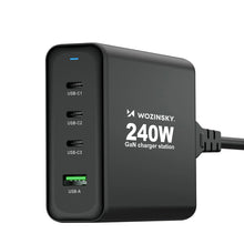 Заредете изображение във визуализатора на галерията – Wozinsky WGCSB 240W GaN wall charger USB-A / 3 x USB-C - black
