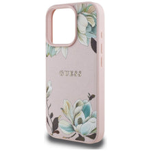 Заредете изображение във визуализатора на галерията – GUESS case for IPHONE 16 Pro compatible with MagSafe GUHMP16LPGNMPLMP (PU Grained Flowers Classic Logo) pink
