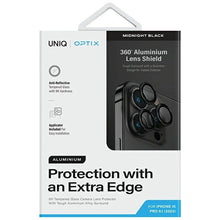 Заредете изображение във визуализатора на галерията – Uniq Optix Aluminum Camera Lens Protector for iPhone 15 Pro camera lens with applicator - black
