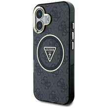 Заредете изображение във визуализатора на галерията – GUESS case for IPHONE 16 compatible with MagSafe GUHMP16SHG4PRTGK (IML Metal Glitter 4G Circle Triangle) black

