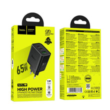 Заредете изображение във визуализатора на галерията – Phone charger Hoco 2x USB C + USB A QC3.0 PD 3A 65W N75 black
