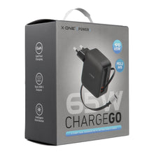 Заредете изображение във визуализатора на галерията – Travel charger X-ONE ChargeGo GaN 65W with retractable cable and USB C port - black
