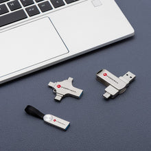 Заредете изображение във визуализатора на галерията – FORCELL F-DATA pendrive Metal Quad 64GB USB3.2 Gen 1 (USB A / Type C / Lightning / Micro USB) silver
