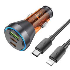 HOCO зарядно за кола USB A + 2 x Type C + кабел Type C към Lightning PD QC3.0 3A 60W NZ12D прозрачно оранжево