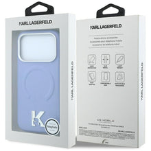 Заредете изображение във визуализатора на галерията – KARL LAGERFELD case for IPHONE 18 Pro/17 Pro compatible with MagSafe (Grained Embossed Ring &amp; Kameo Logo) light blue
