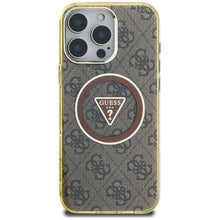 Заредете изображение във визуализатора на галерията – GUESS case for IPHONE 16 Pro compatible with MagSafe GUHMP16LHG4PRTGW (IML Metal Glitter 4G Circle Triangle) brown
