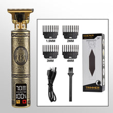 Заредете изображение във визуализатора на галерията – Hair clipper with display LED and replacable combs T9 (head motif) gold
