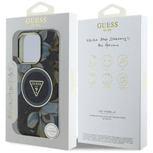 Заредете изображение във визуализатора на галерията – GUESS case for IPHONE 16 Pro Max compatible with MagSafe GUHMP16XHFLPEDK (IML Metal Glitter Flowers Triangle) black
