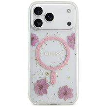 Заредете изображение във визуализатора на галерията – GUESS case for IPHONE 17 Pro Max compatible with MagSafe GUHMP17XRBFGFGMP (Resin Flowers and Glitter) pink
